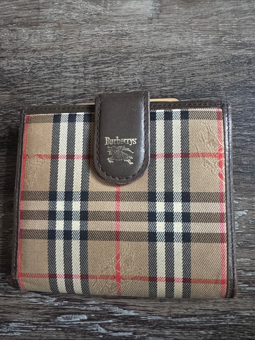 Burberry Plaid Compact Wallet with Brown Leather Trim